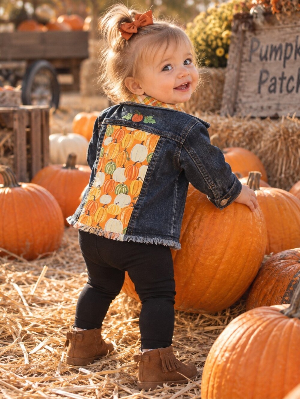 Wonder Nation 12M One of a Kind Pumpkin Denim Jacket Fall Harvest Embroidered